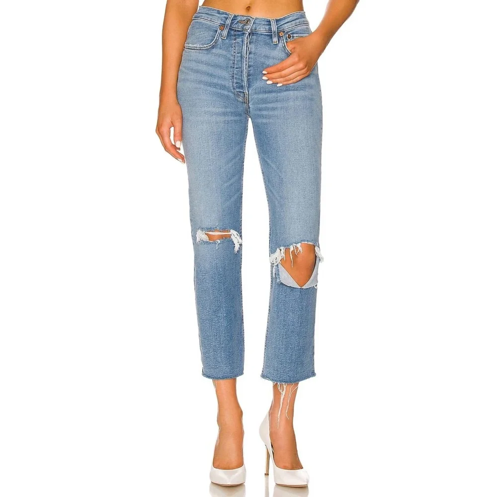 $304 RE/DONE Destroyed Dawn‎ Stove Pipe 70's Crop Straight Leg Denim Jeans SZ 25